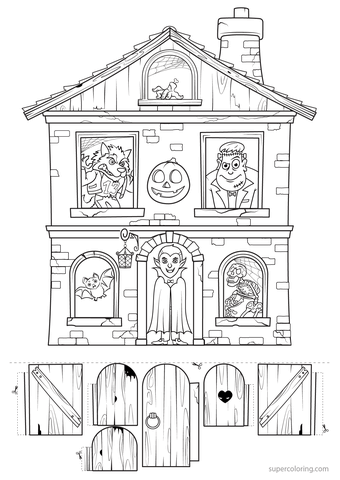 Create Haunted House With Surprise Characters Coloring Page